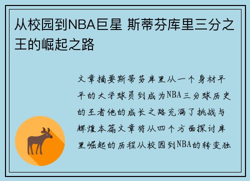 从校园到NBA巨星 斯蒂芬库里三分之王的崛起之路